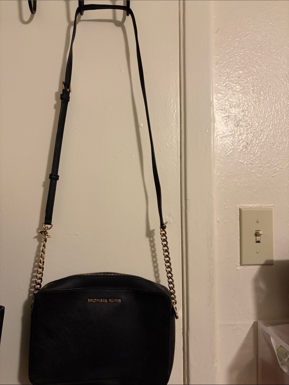 Michael Kors Black Leather Crossbody with Gold Chain Strap